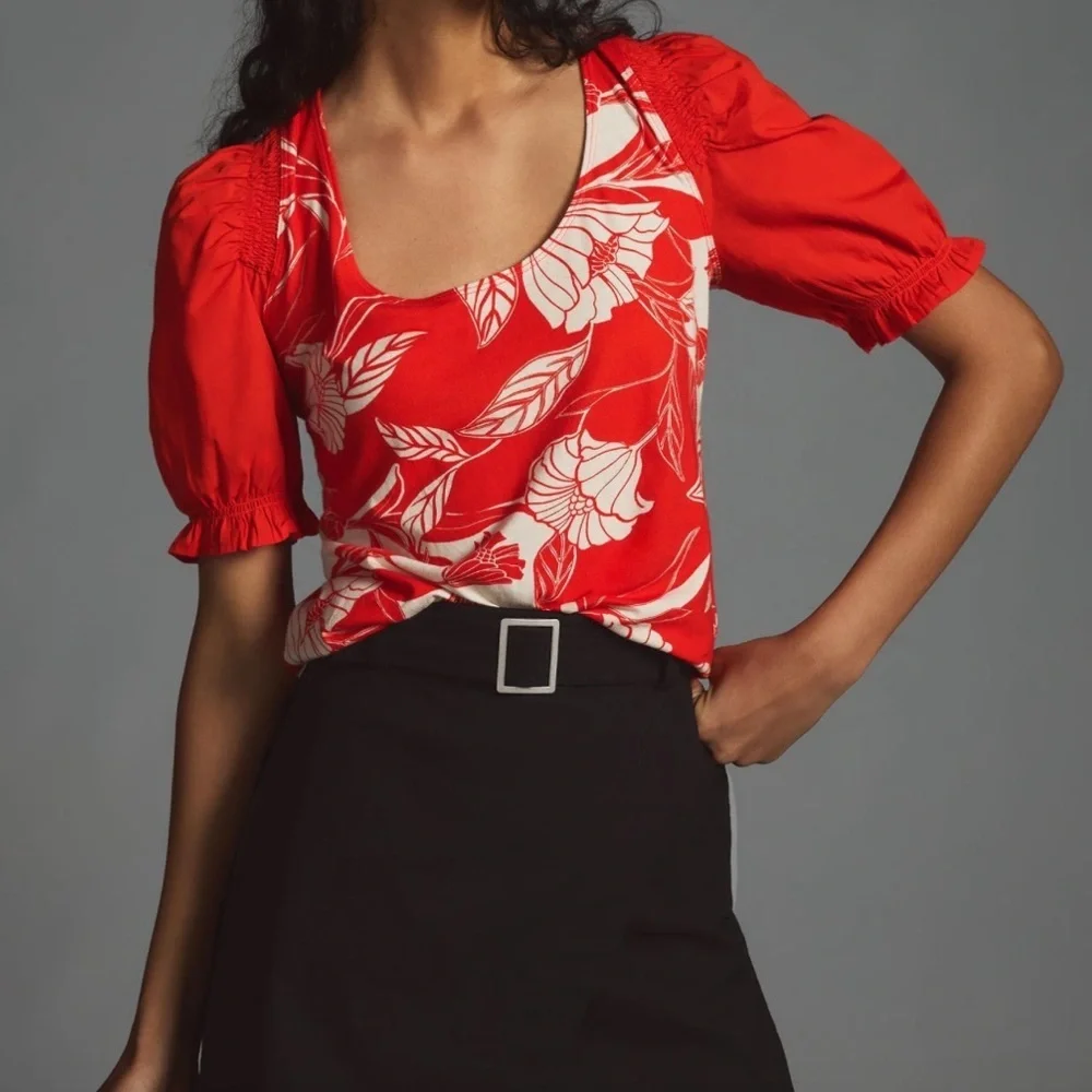 Anthropologie | Maeve Orange and White Floral Woven Puff-Sleeve Top Size XS